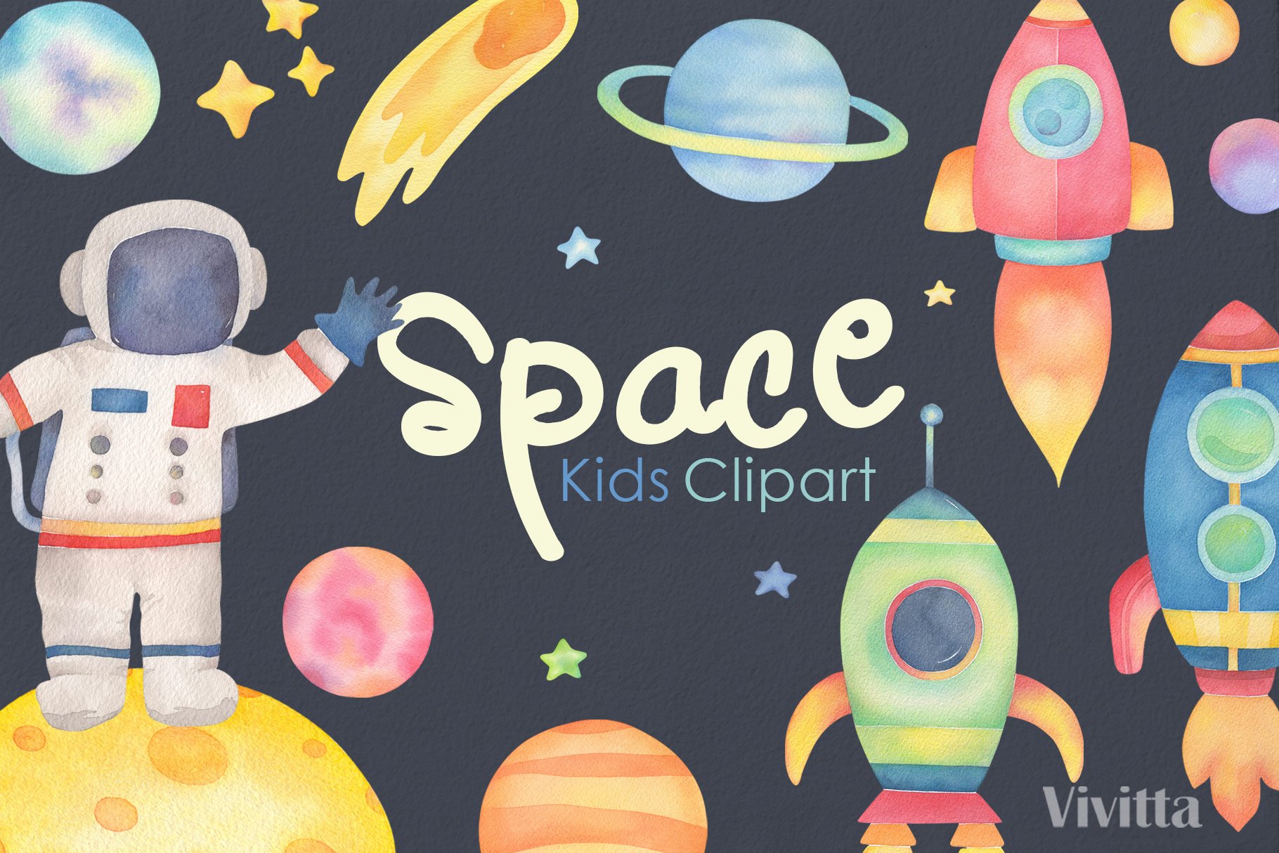 Space Rocket Kids Clipart watercolor cover image.