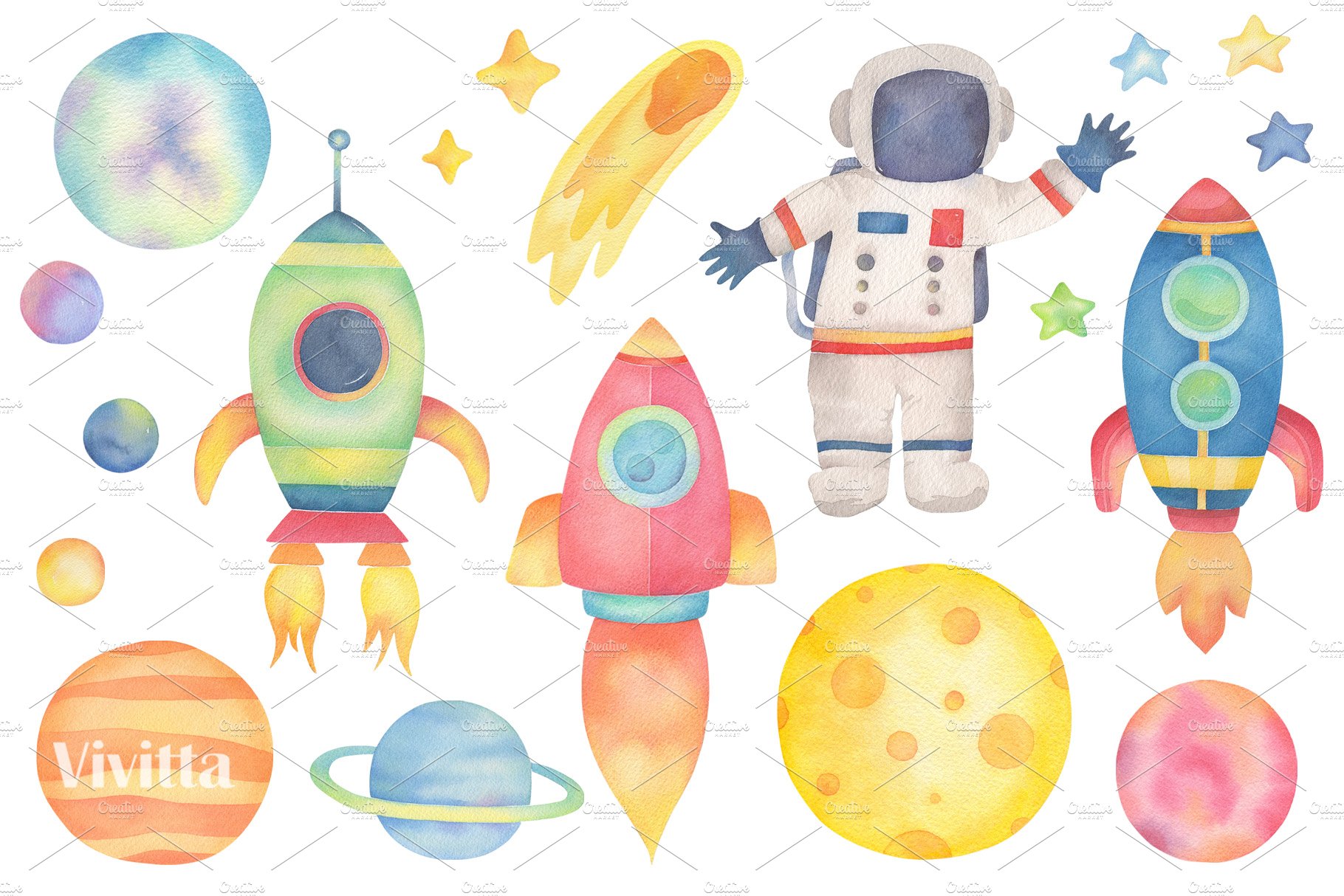 Space Rocket Kids Clipart watercolor preview image.