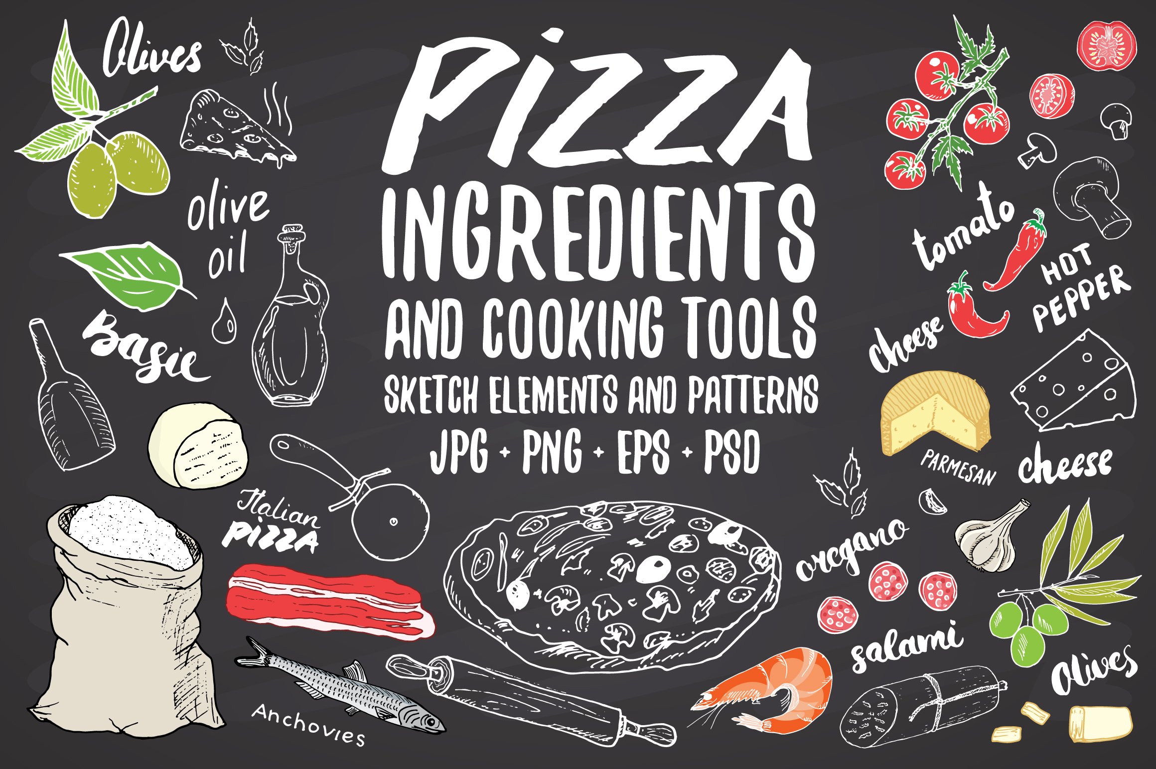 Pizza menu ingredients and patterns cover image.