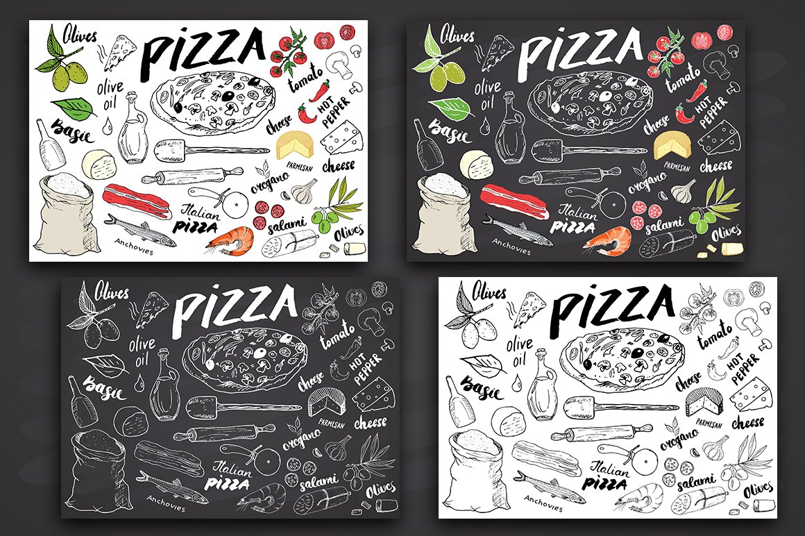 Pizza menu ingredients and patterns preview image.