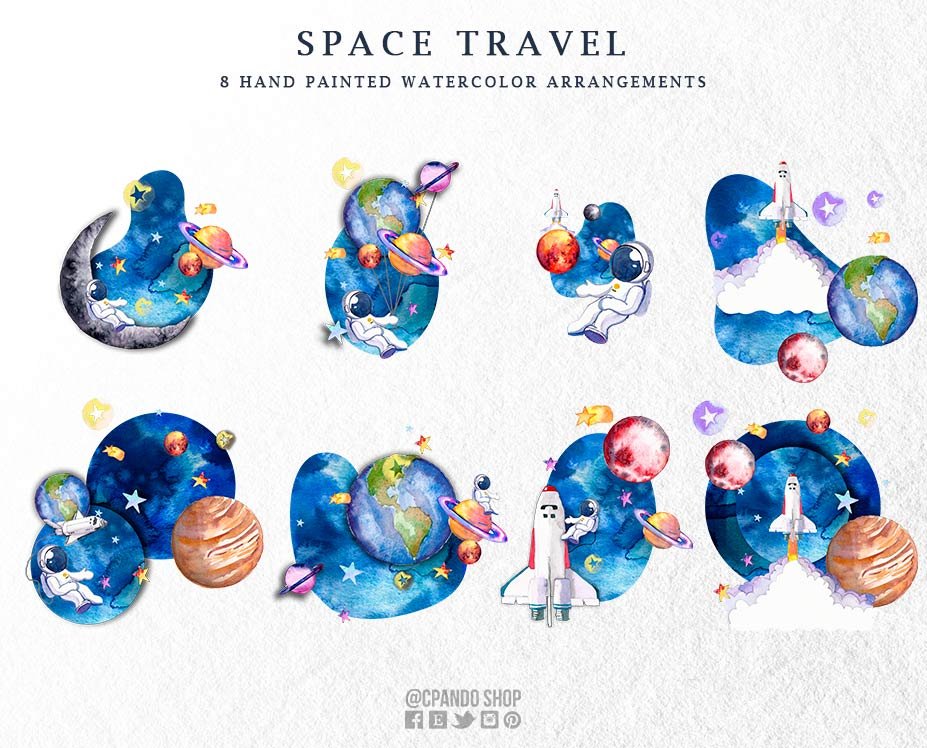 Space travel hand painted clipart preview image.