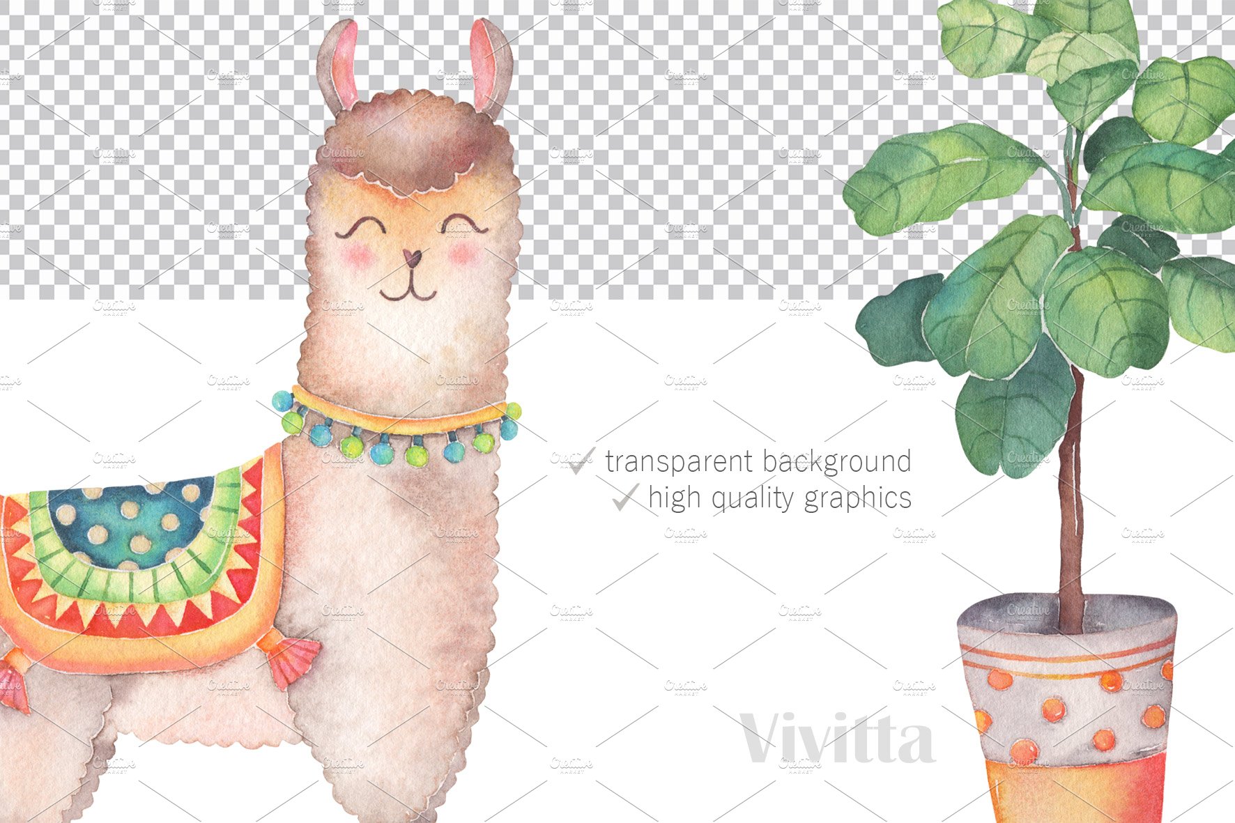 Alpaca, Llama Cactus watercolor set preview image.