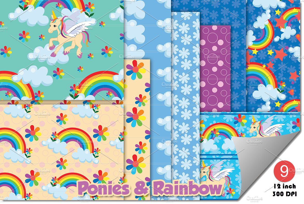 Rainbow ponies background patterns cover image.