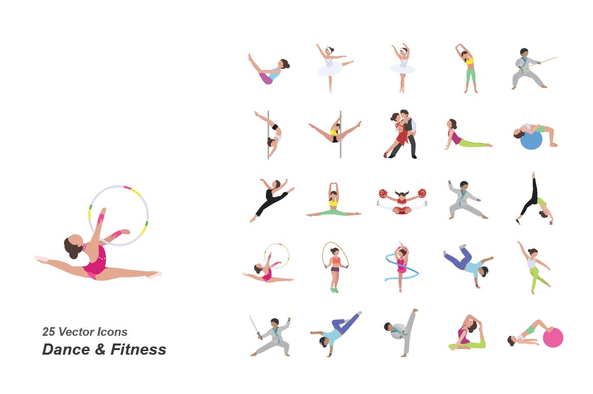Dance & Fitness color vector icons cover image.