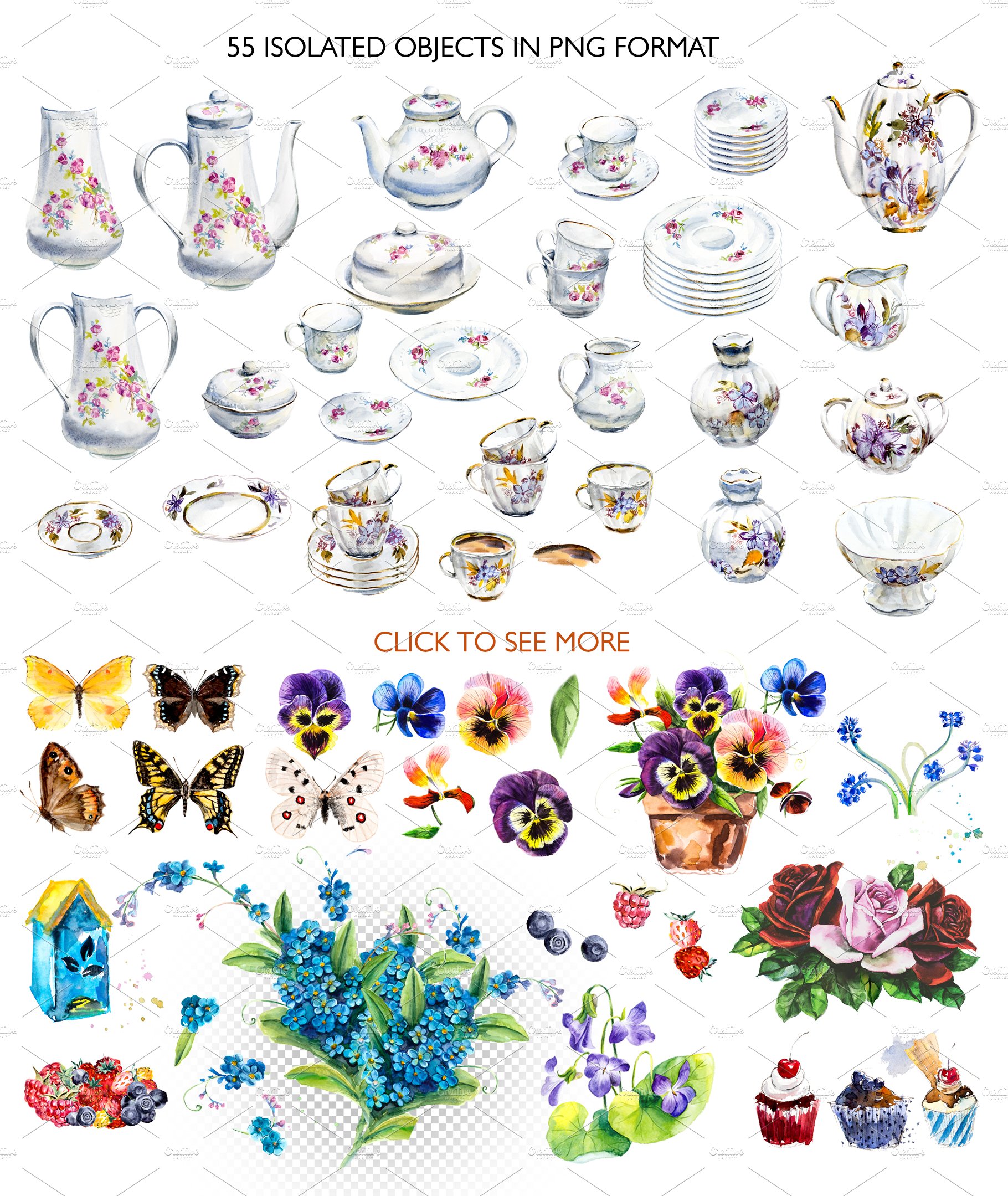 Watercolor tea and coffee service. preview image.