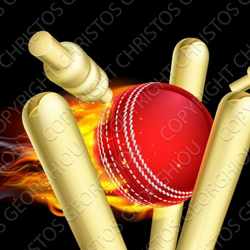 Flaming Cricket Ball Hitting Wicket Stumps cover image.