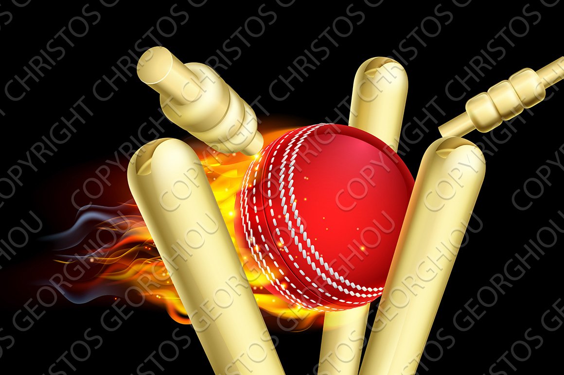 Flaming Cricket Ball Hitting Wicket Stumps cover image.