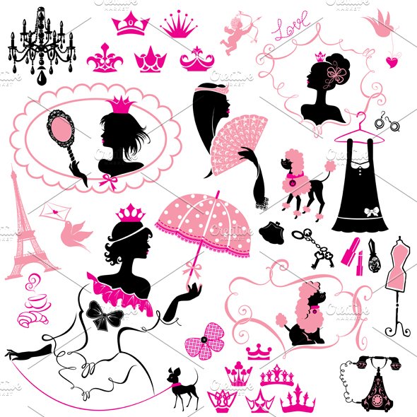 Set of princess girls silhouettes preview image.