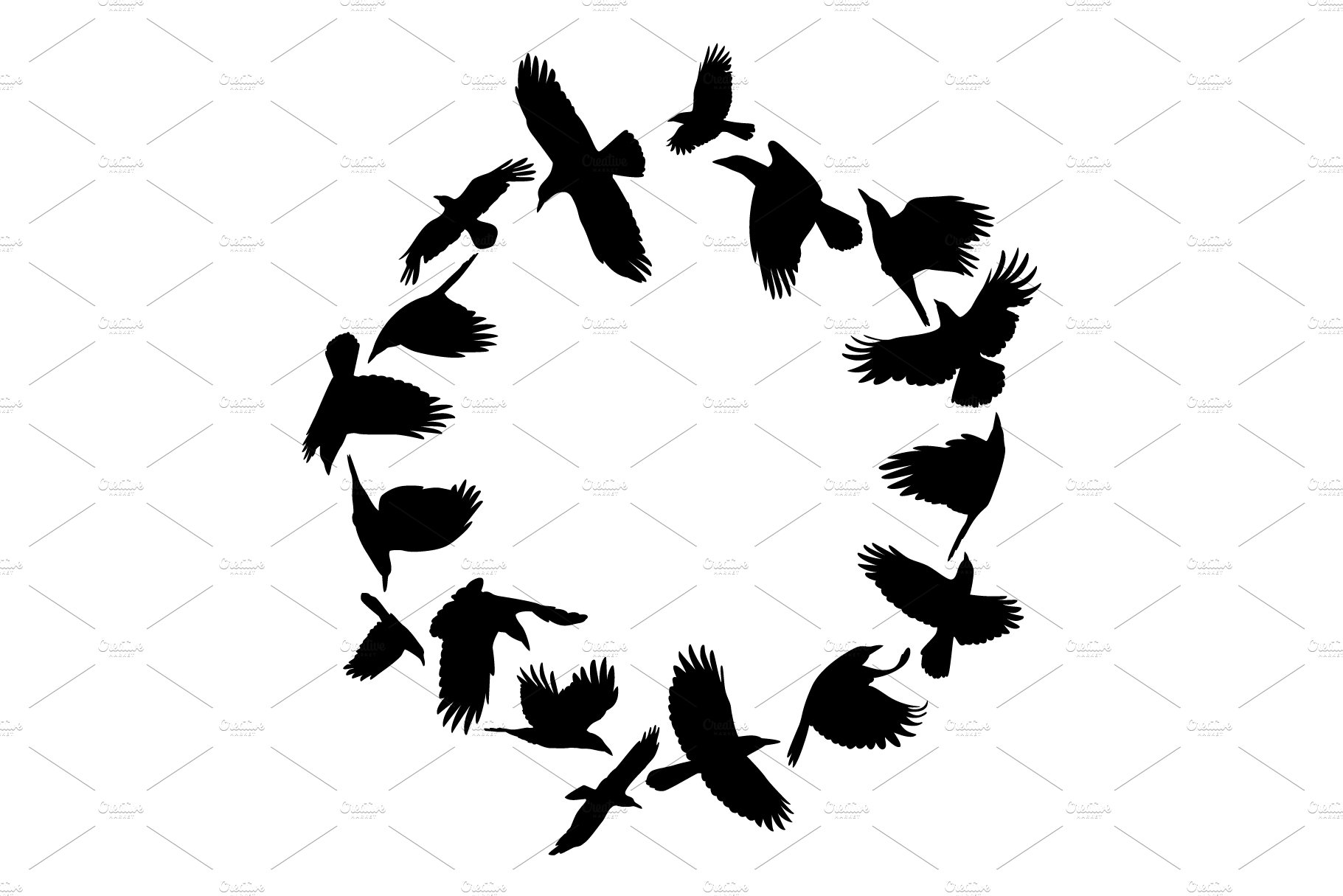 Crows in a circle vector silhouette preview image.