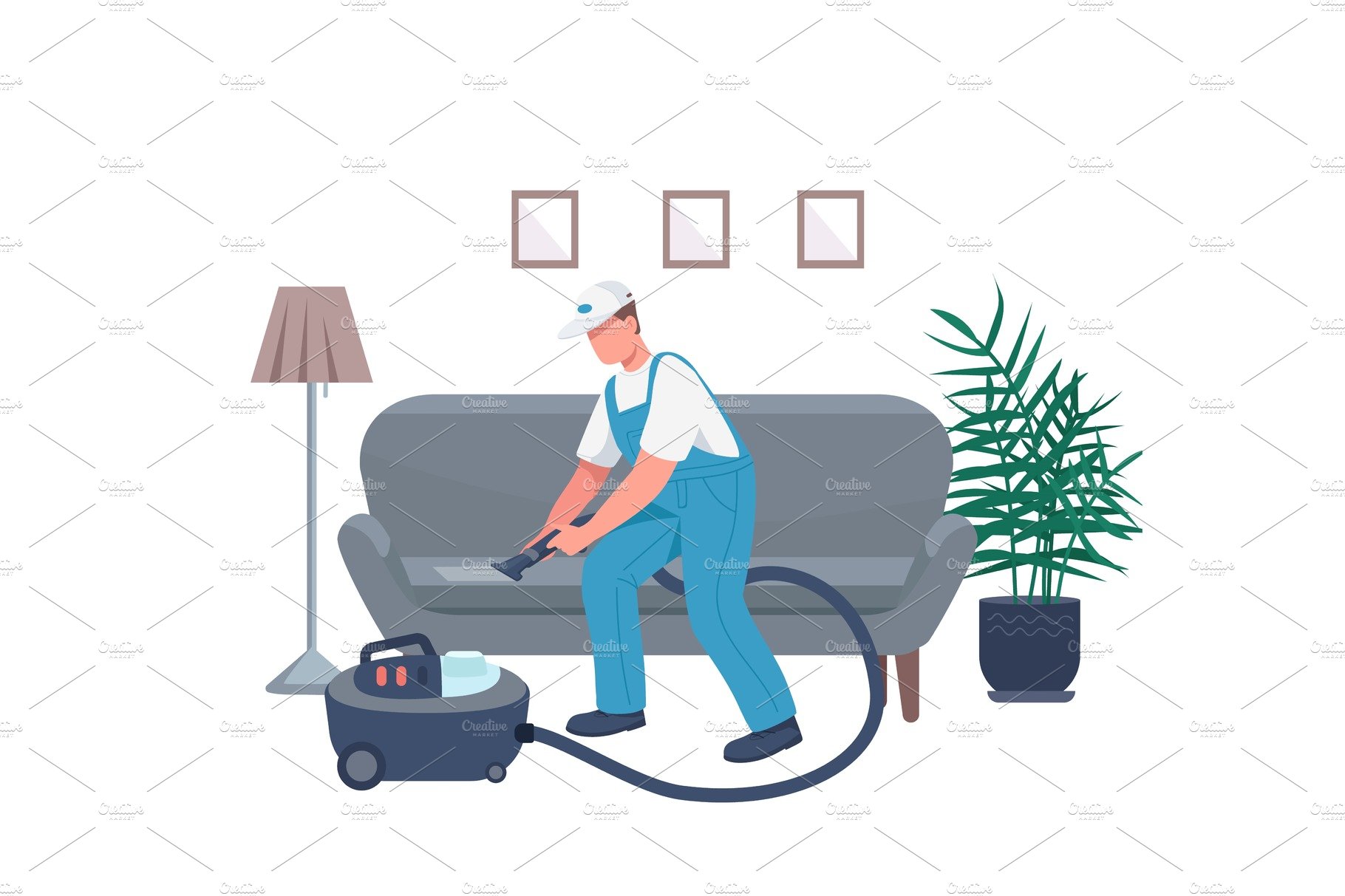 Janitor cleaning sofa flat character cover image.