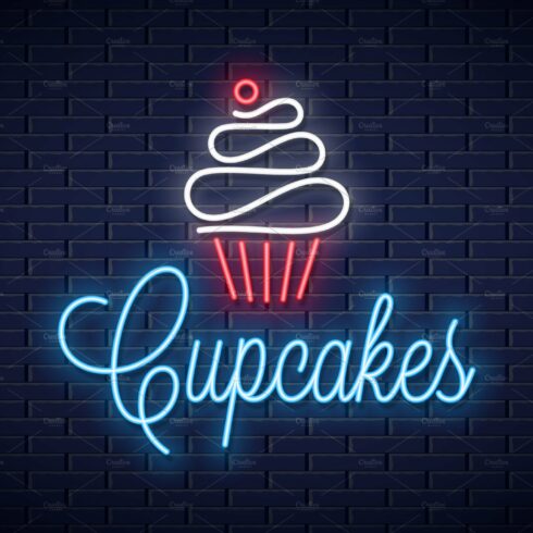 Cupcake neon logo on wall vector. cover image.