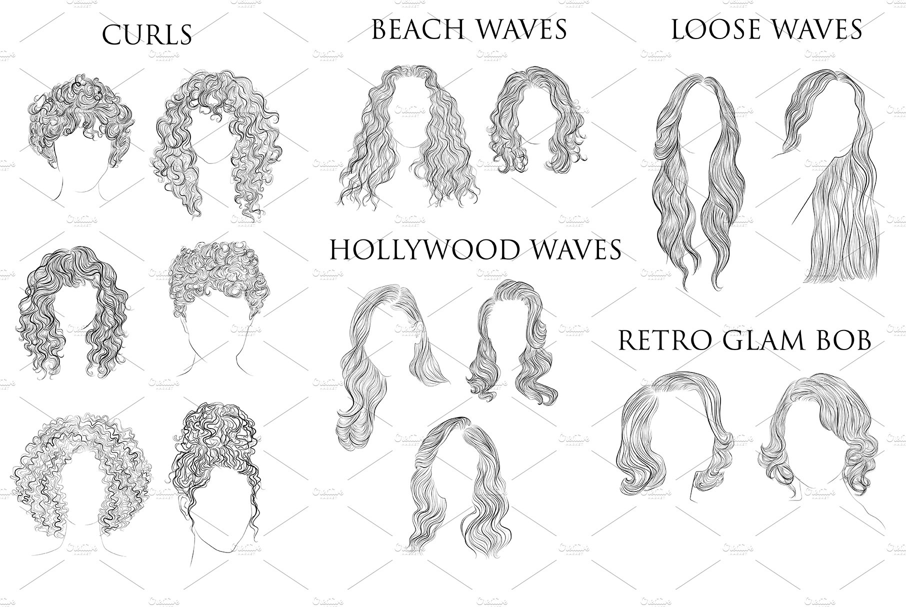 15 Curly and wavy hairstyles Vector preview image.