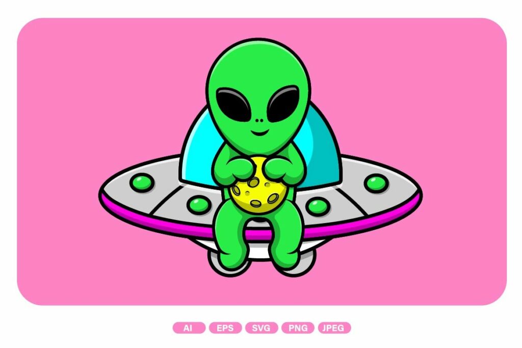 Cute Alien Holding Moon On Ufo – MasterBundles