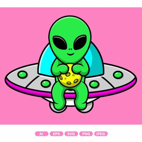 Cute Alien Holding Moon On Ufo cover image.