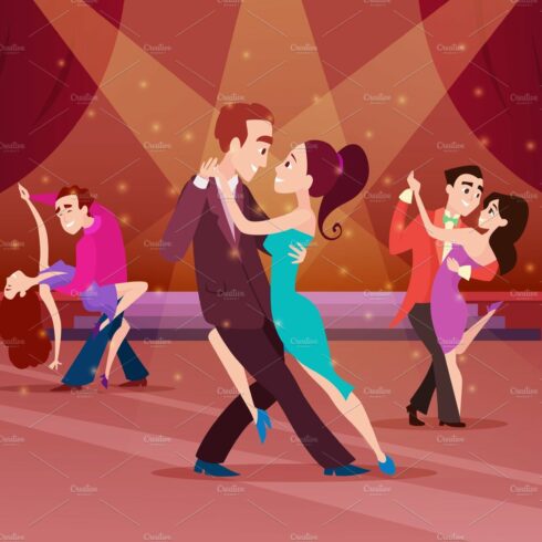 Couples on dance floor. Cartoon characters dancing cover image.