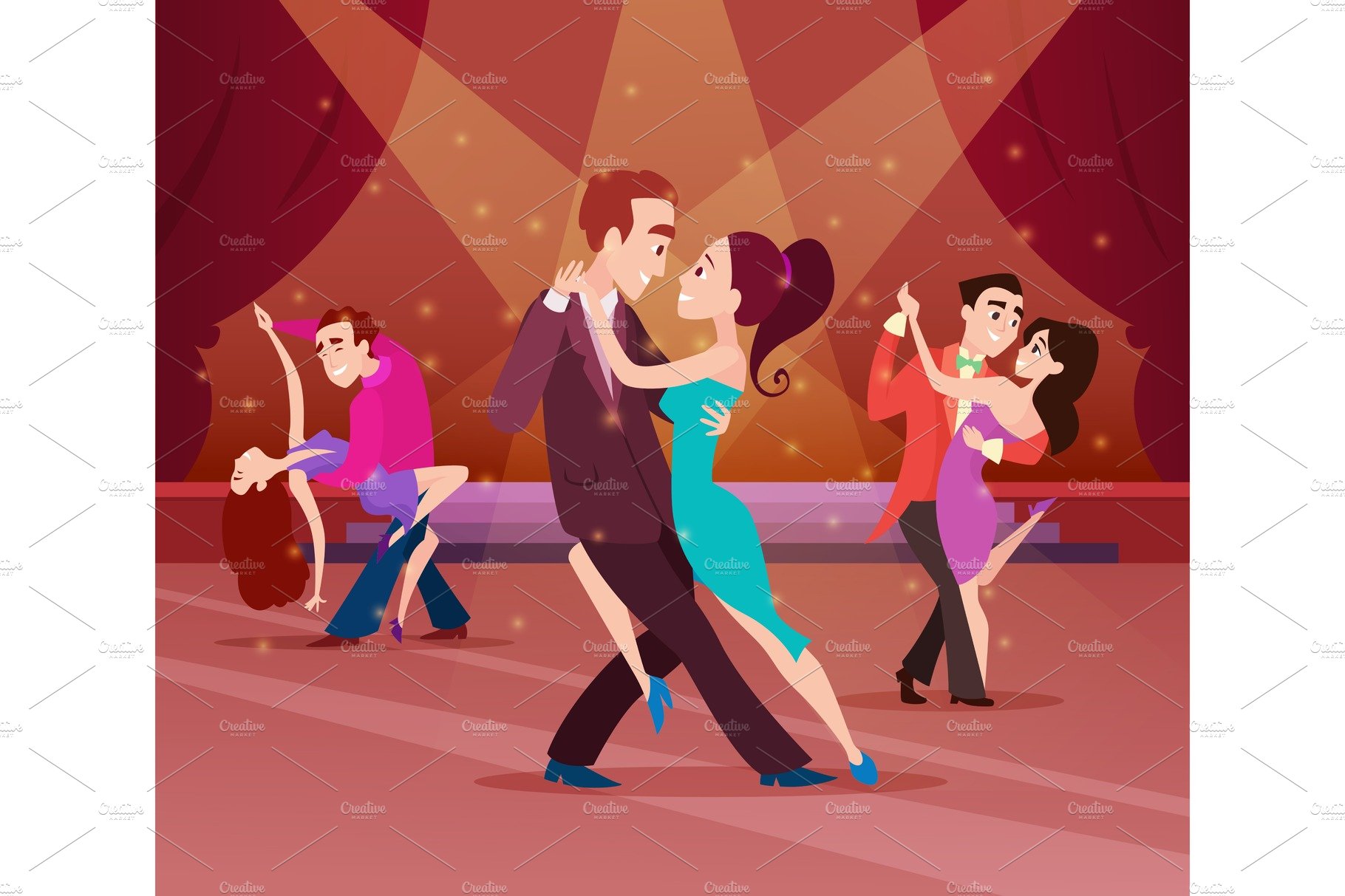 Couples on dance floor. Cartoon characters dancing cover image.