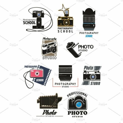 Photo studio icon set with camera, lens and film cover image.