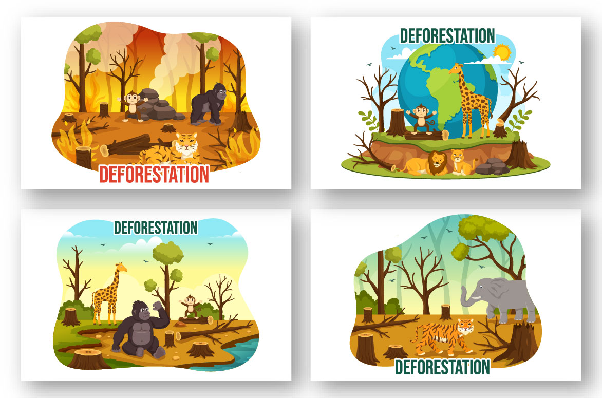 Four different types of deforestation on a white background.