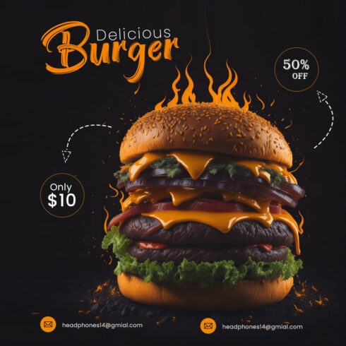 Spicy delicious burger social media post cover image.