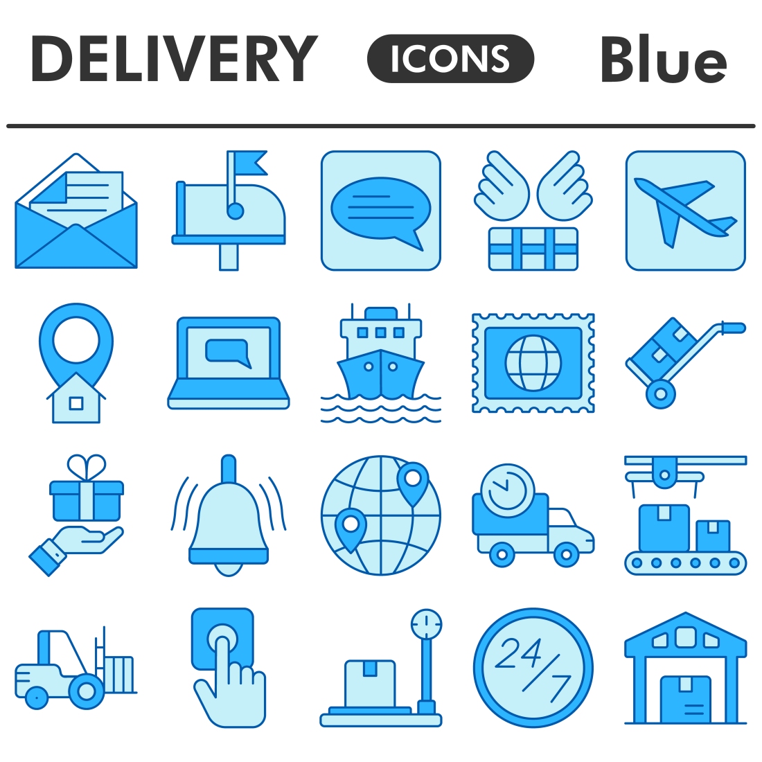 Delivery icons set, blue style preview image.