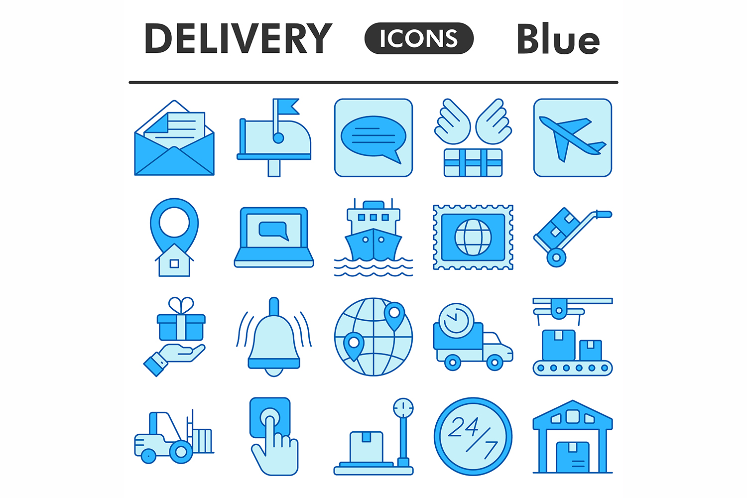 Delivery icons set, blue style pinterest preview image.
