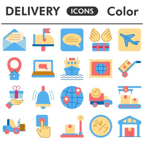 Delivery icons set, color style cover image.