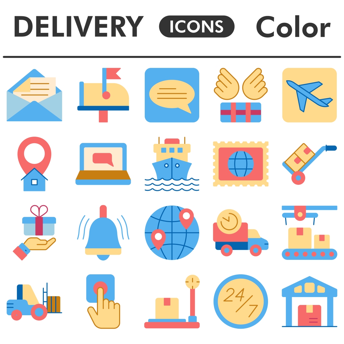 Delivery icons set, color style preview image.