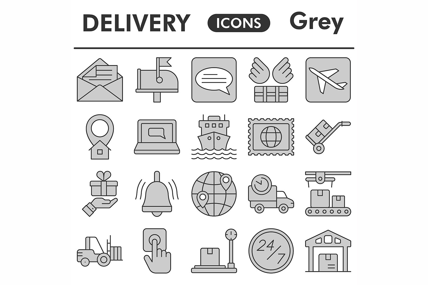 Delivery icons set, gray style pinterest preview image.