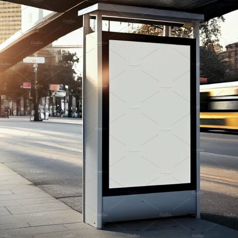 Blank street billboard poster stand mock up in downtown bus stop with city ... cover image.