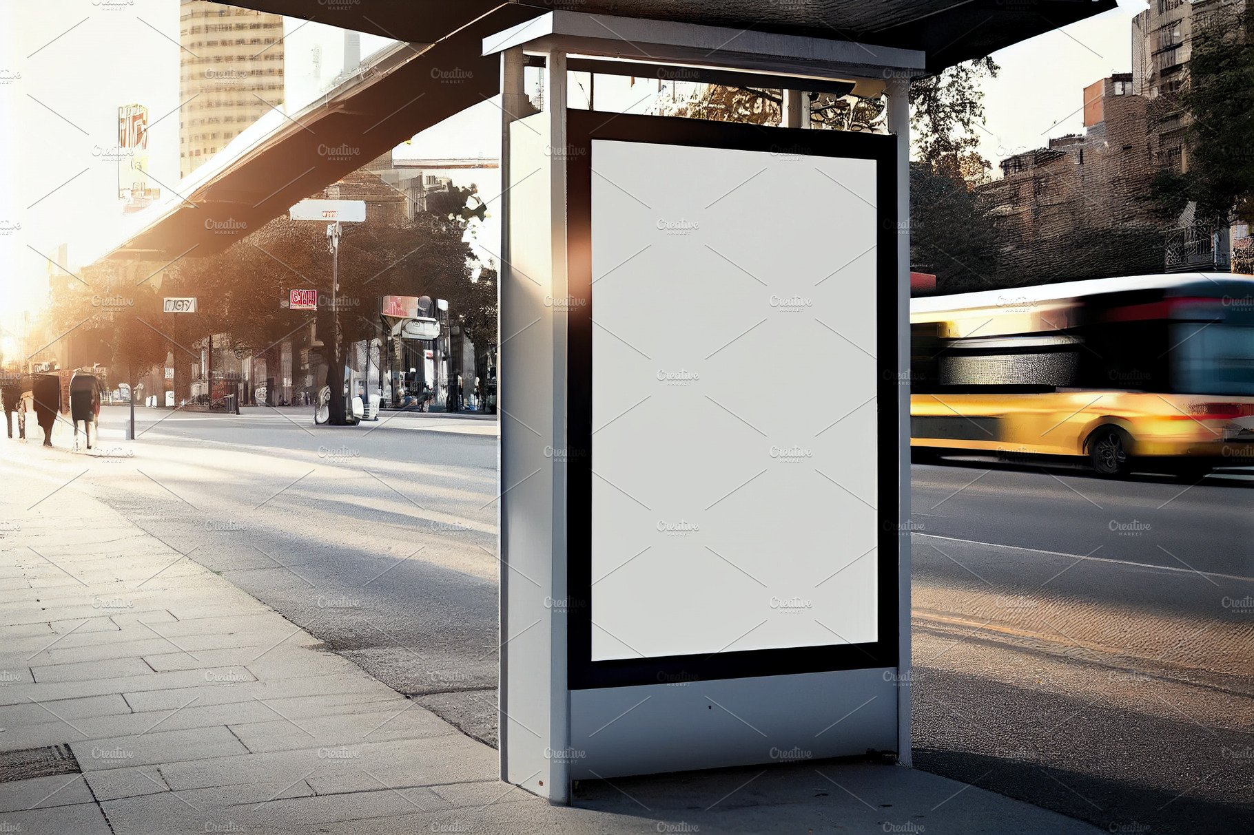 Blank street billboard poster stand mock up in downtown bus stop with city ... cover image.