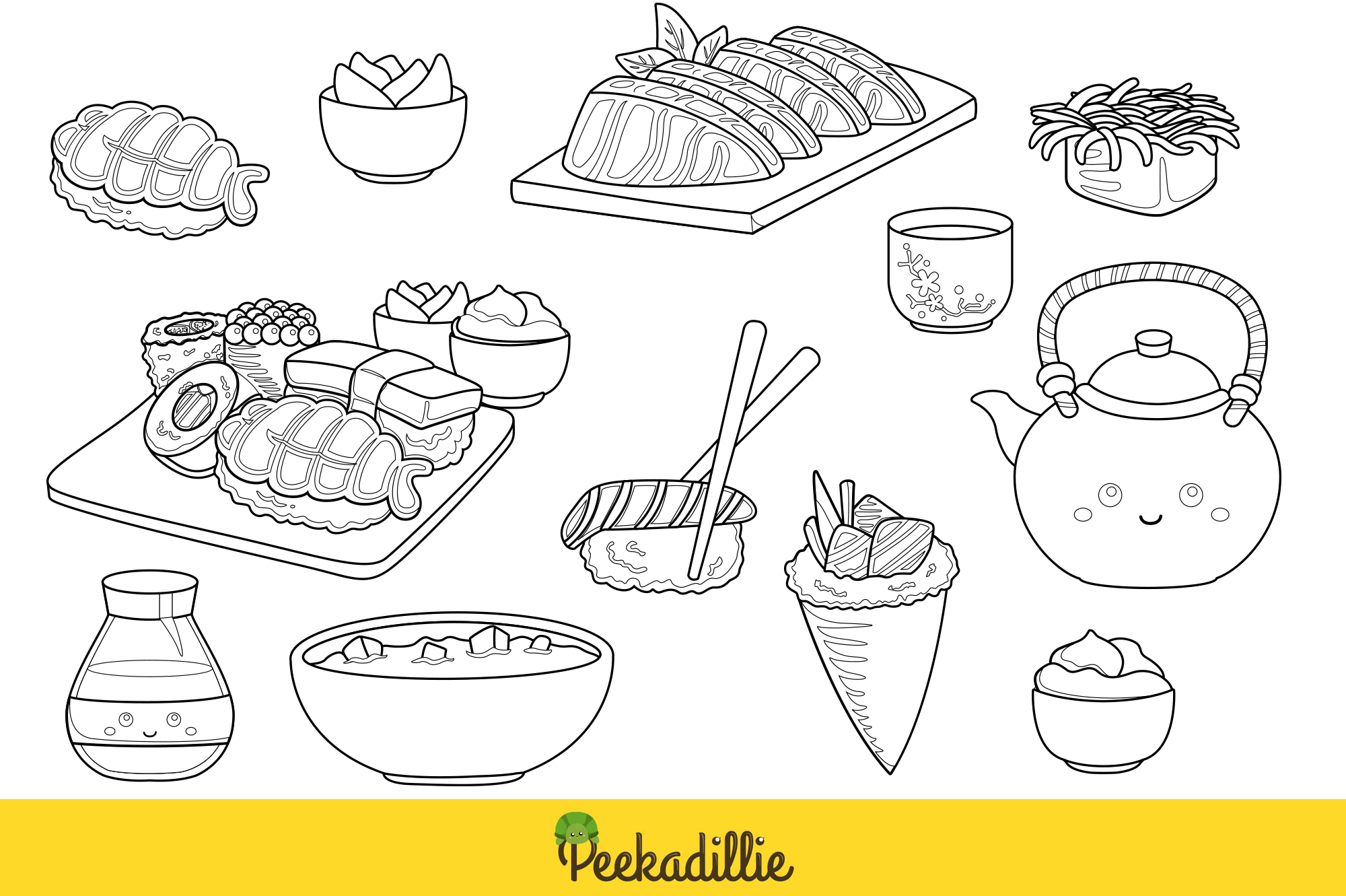 Japanese Sushi Food & Drink Coloring Set Graphic by Peekadillie