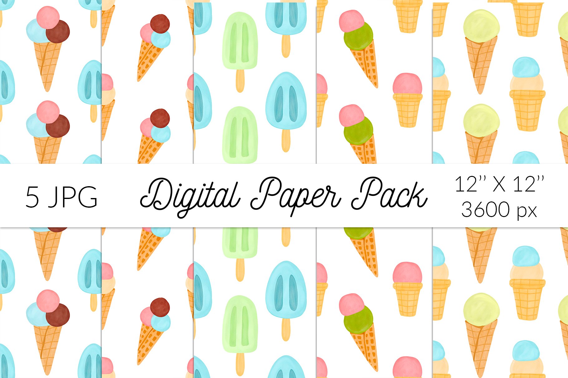 Watercolor summer ice cream patterns preview image.