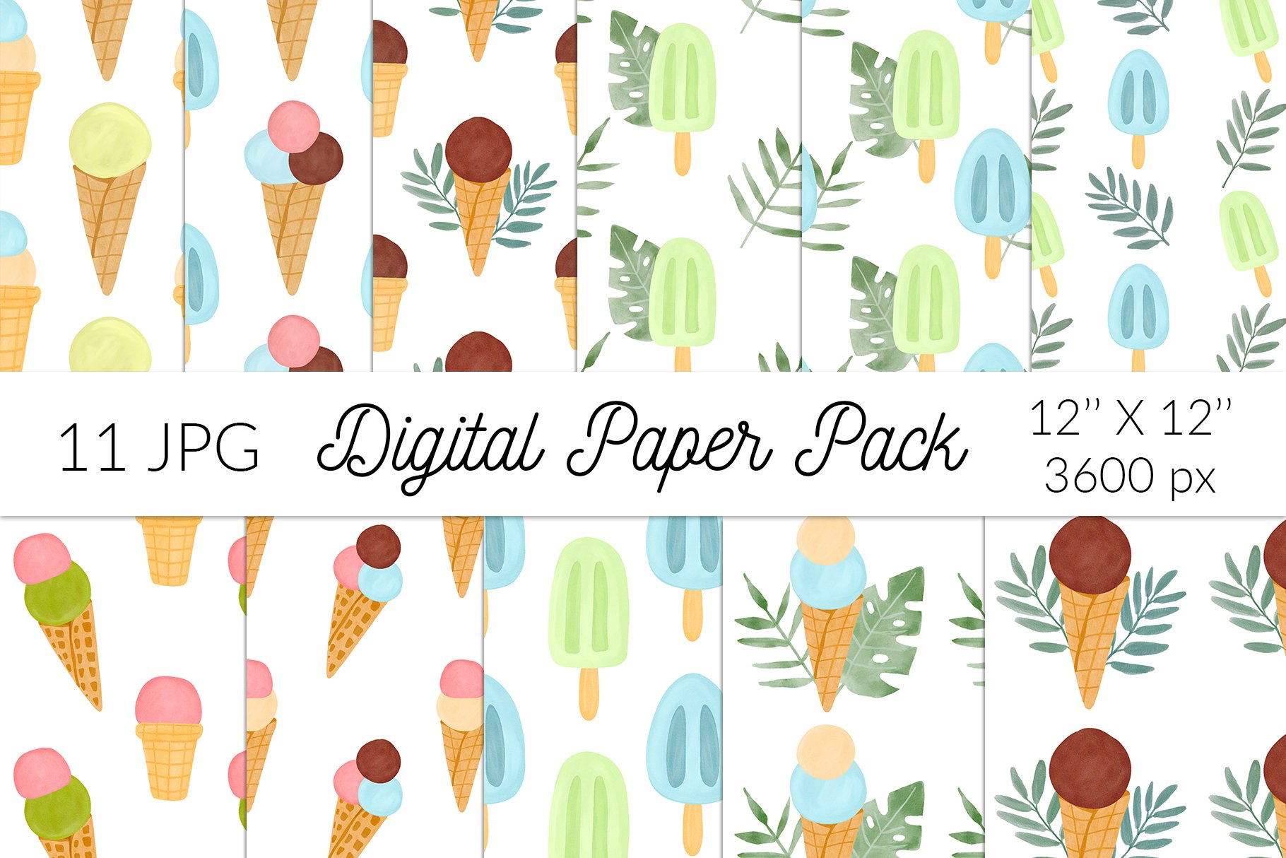 Watercolor summer ice cream patterns cover image.