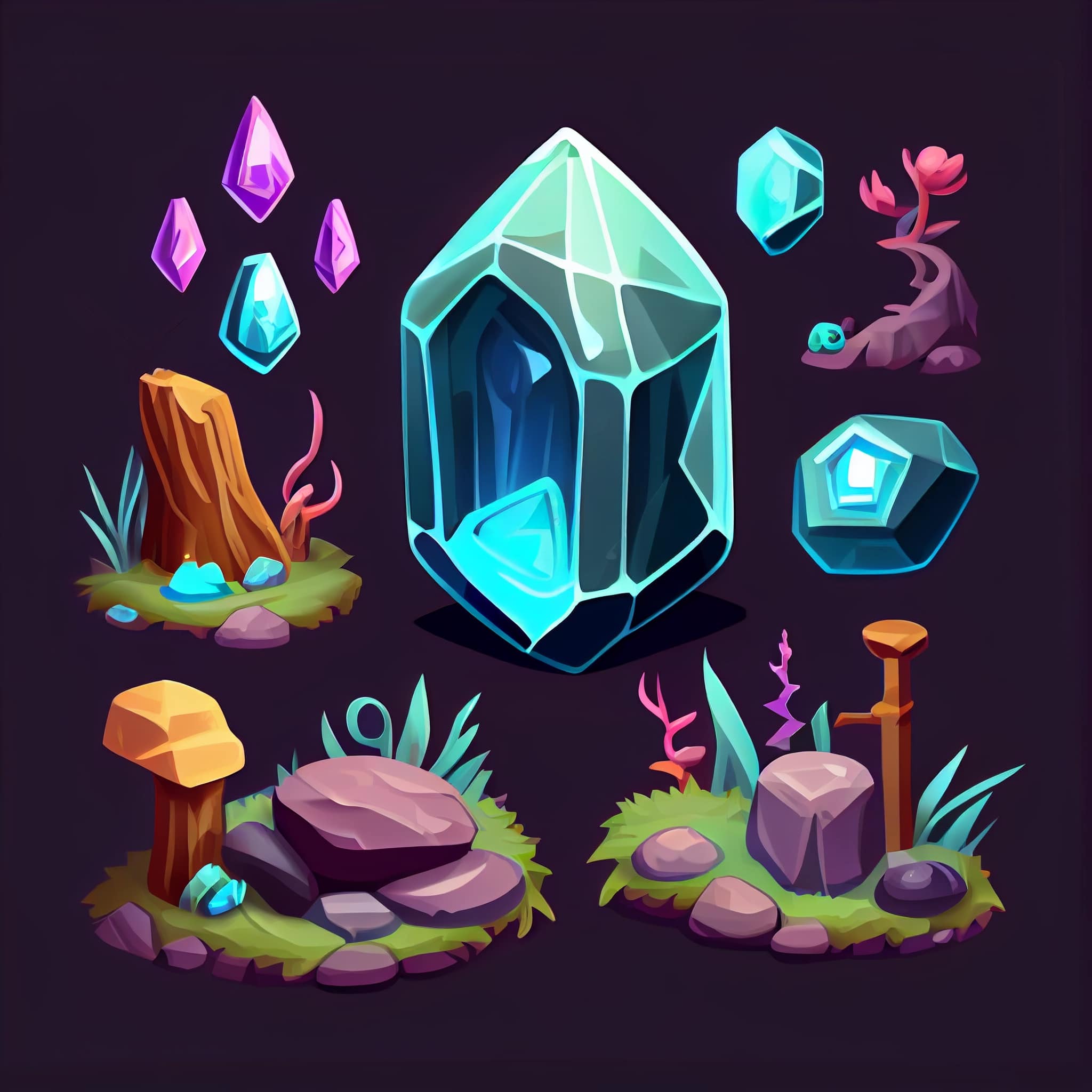 Set of different crystals and rocks on a dark background.