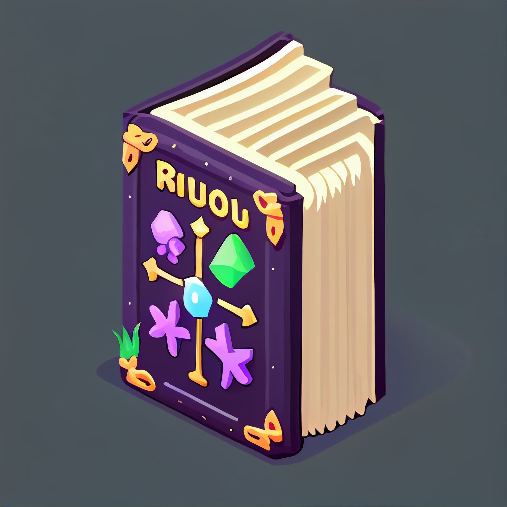Purple book with a bunch of different symbols on it.