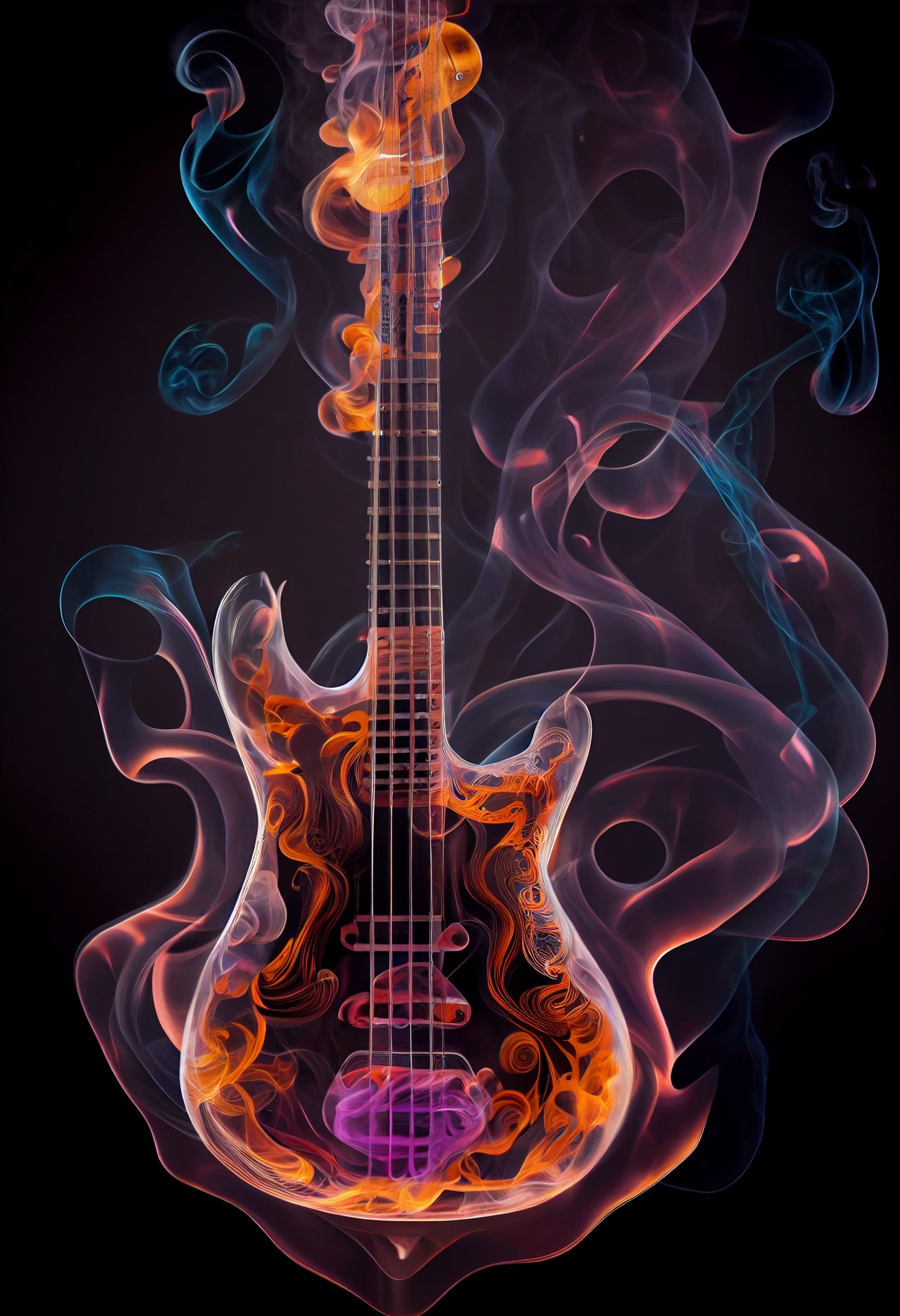 Guitar with a lot of smoke coming out of it.
