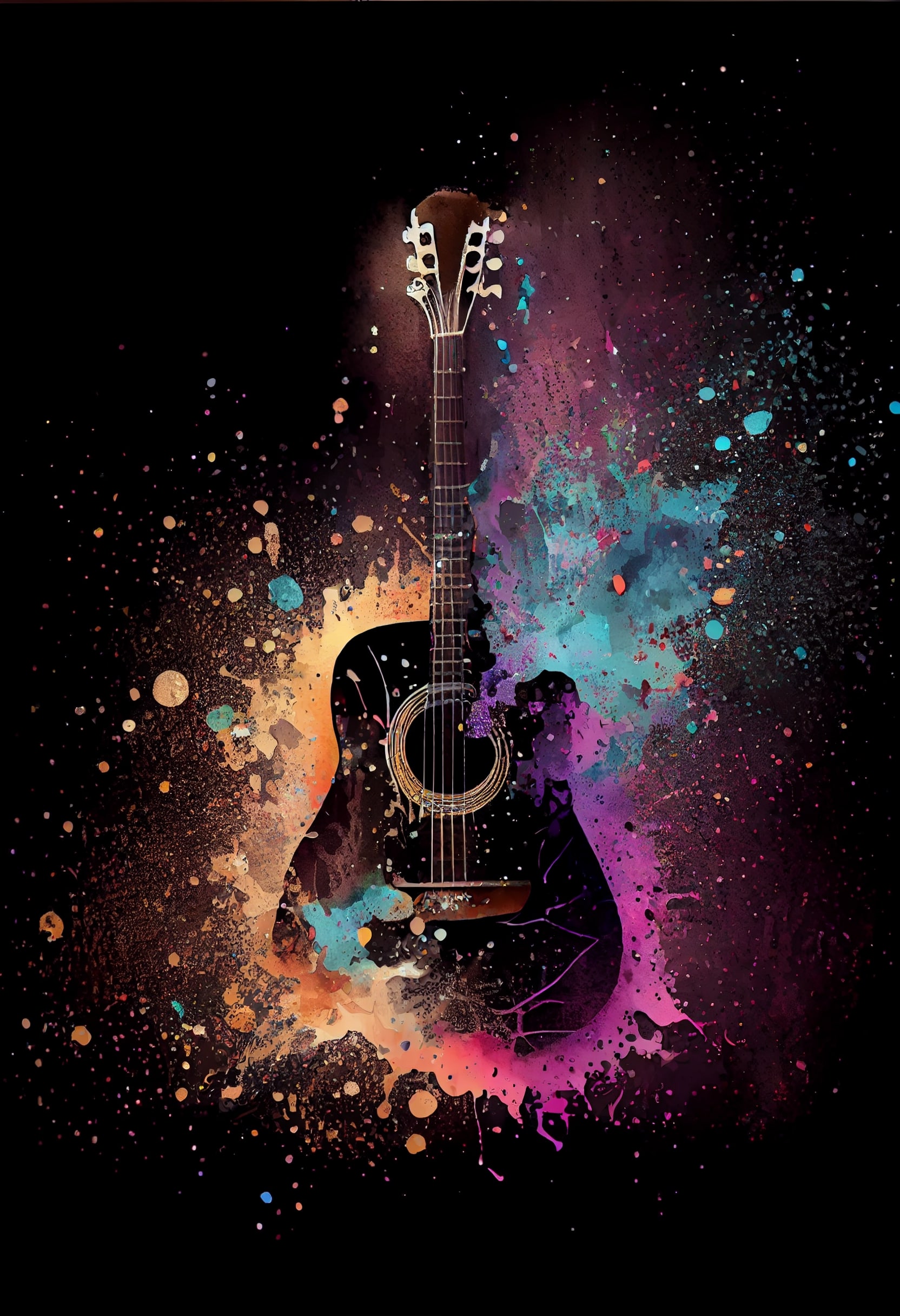 Guitar with colorful paint splatters on it.