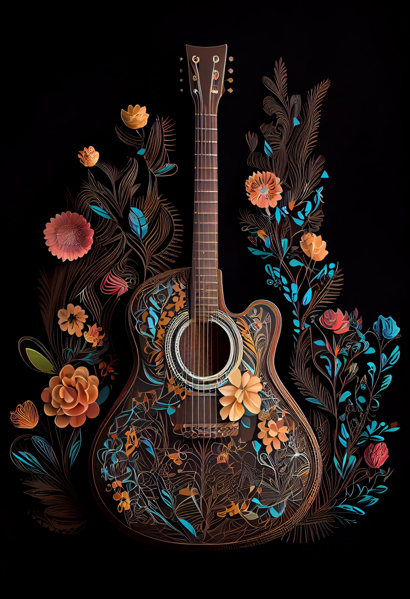 Painting of a guitar with flowers on it.