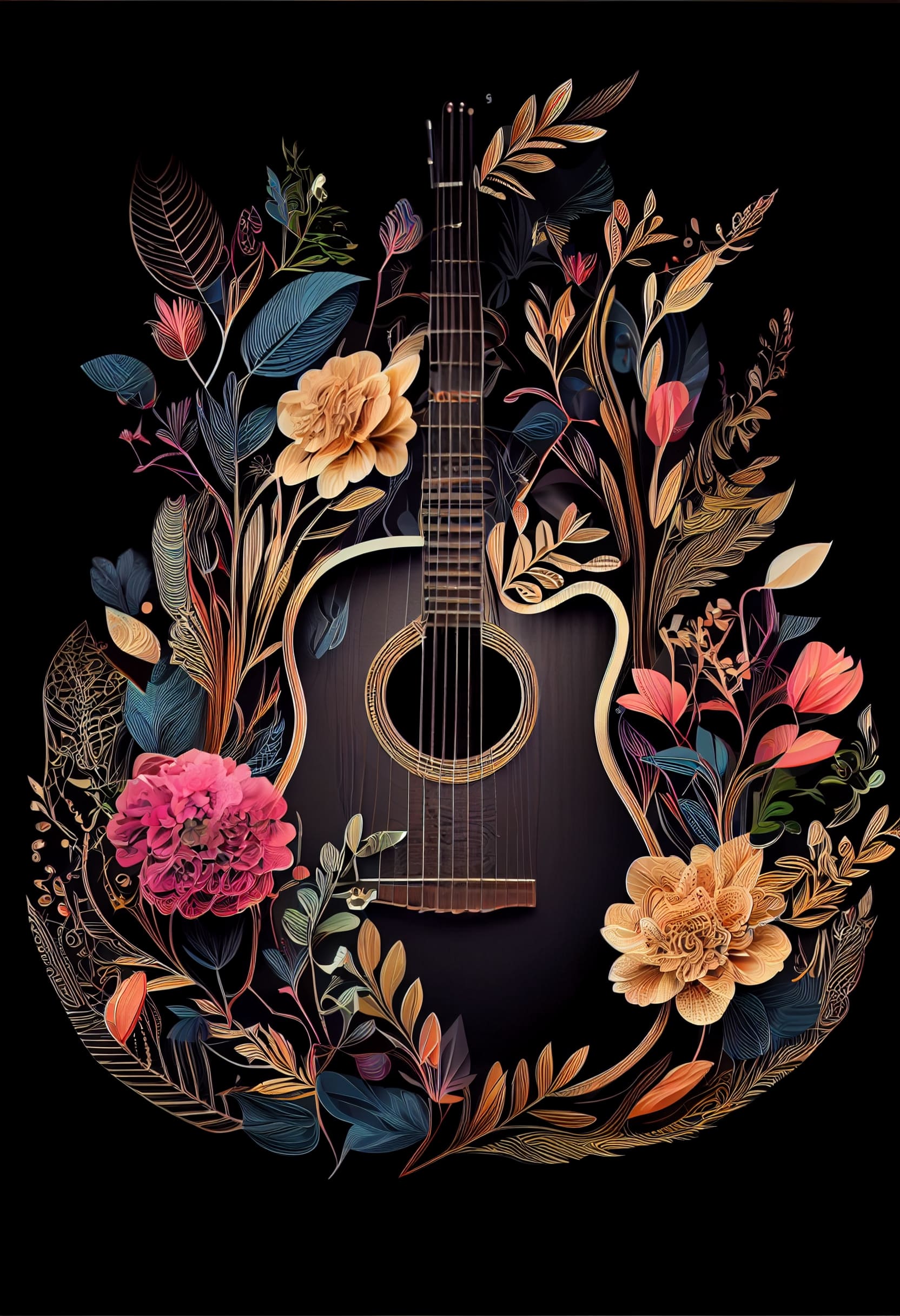 Guitar with flowers and leaves around it.