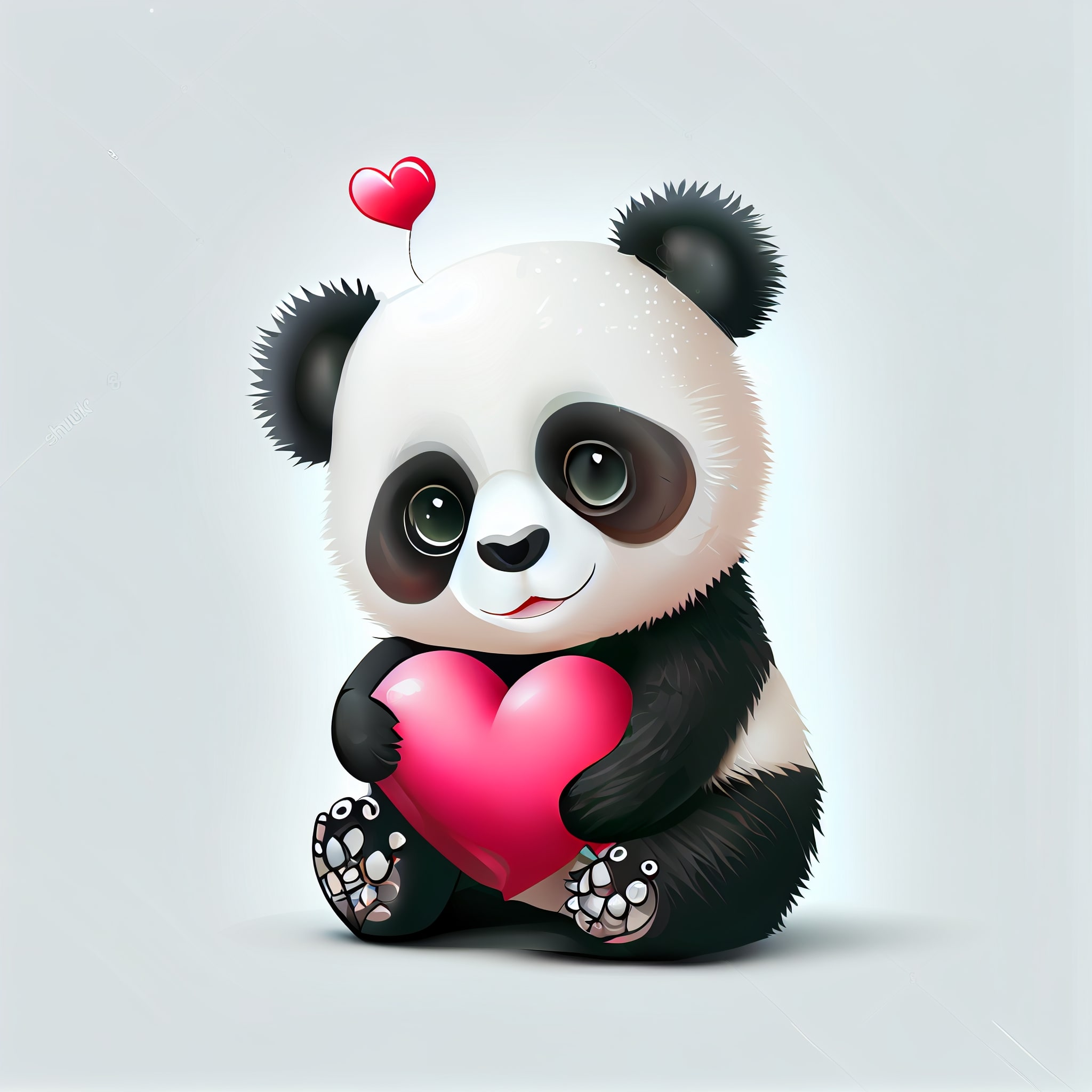 Panda bear holding a heart on a white background.