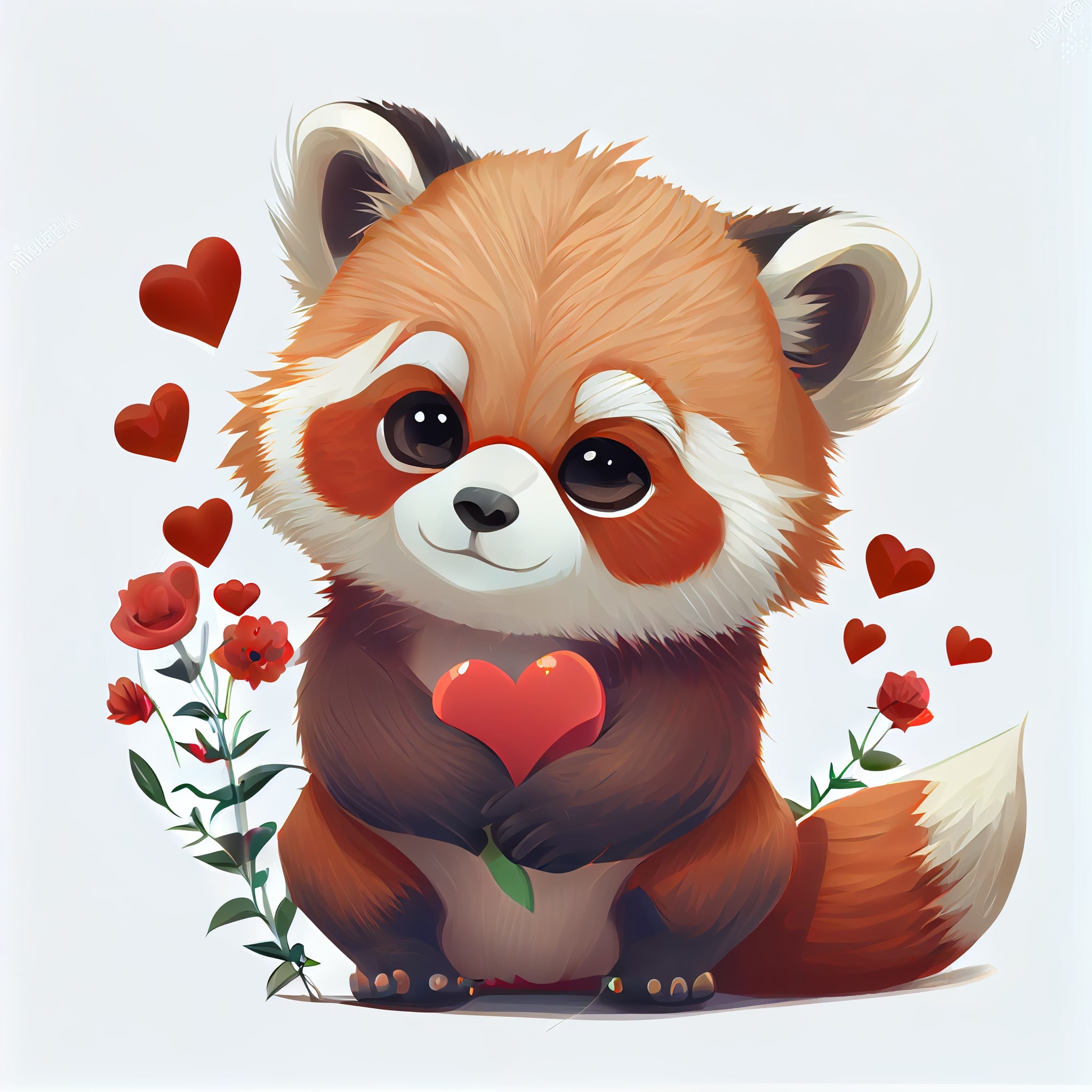 Red panda holding a heart surrounded by flowers.