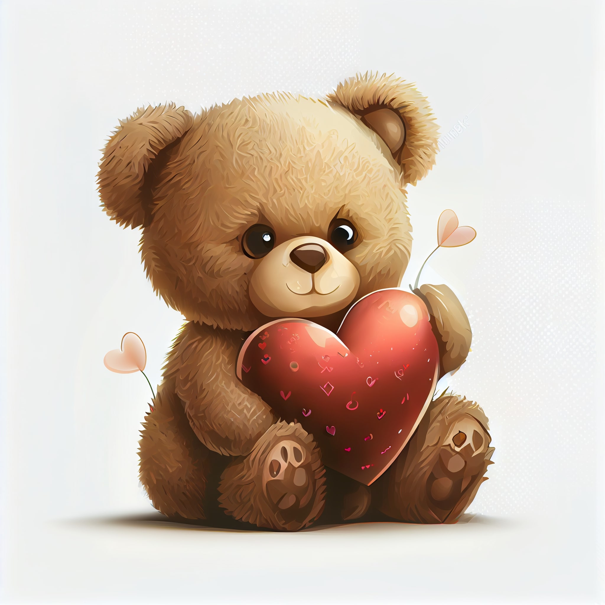 Brown teddy bear holding a red heart.