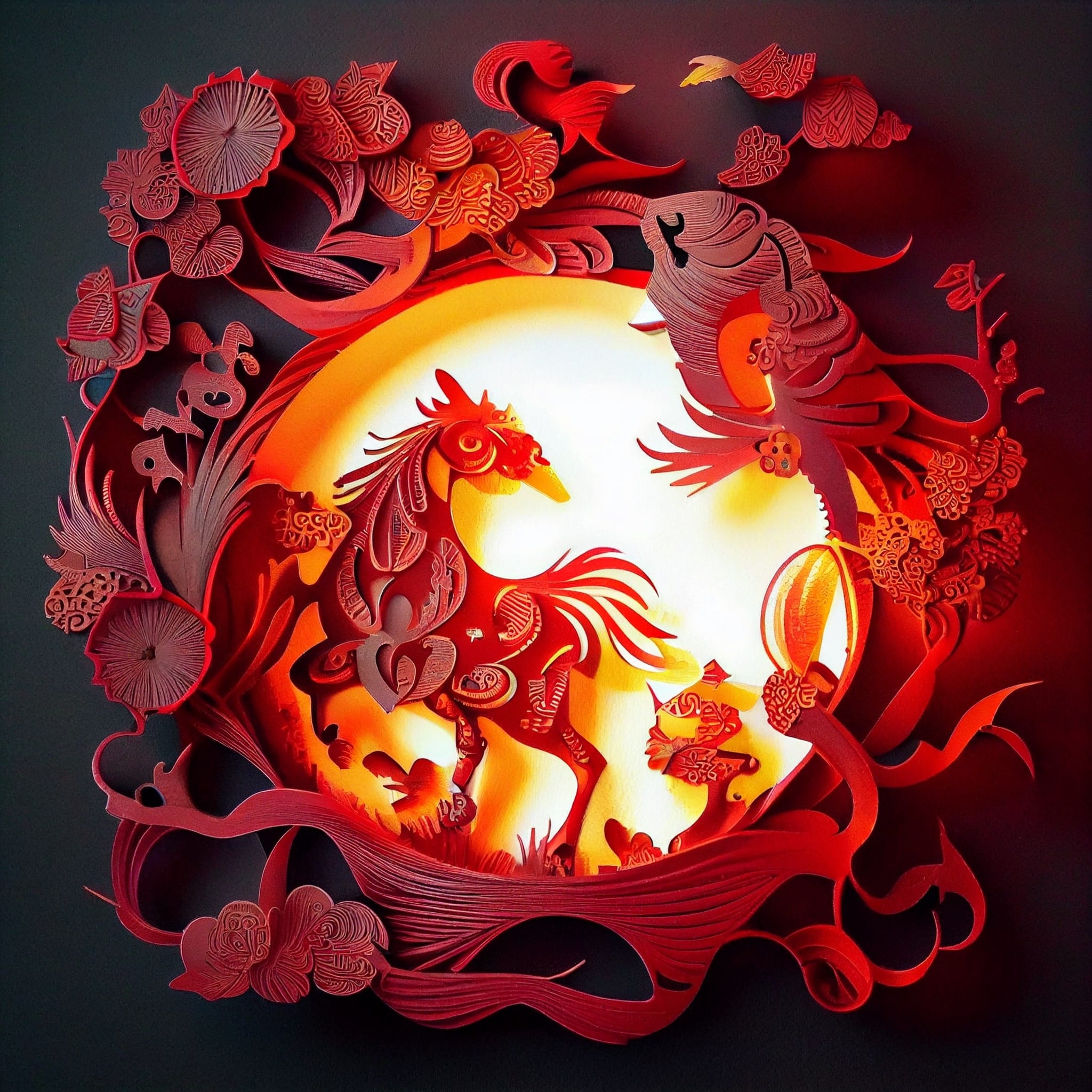 Paper cut of a horse and a bird in a circle.