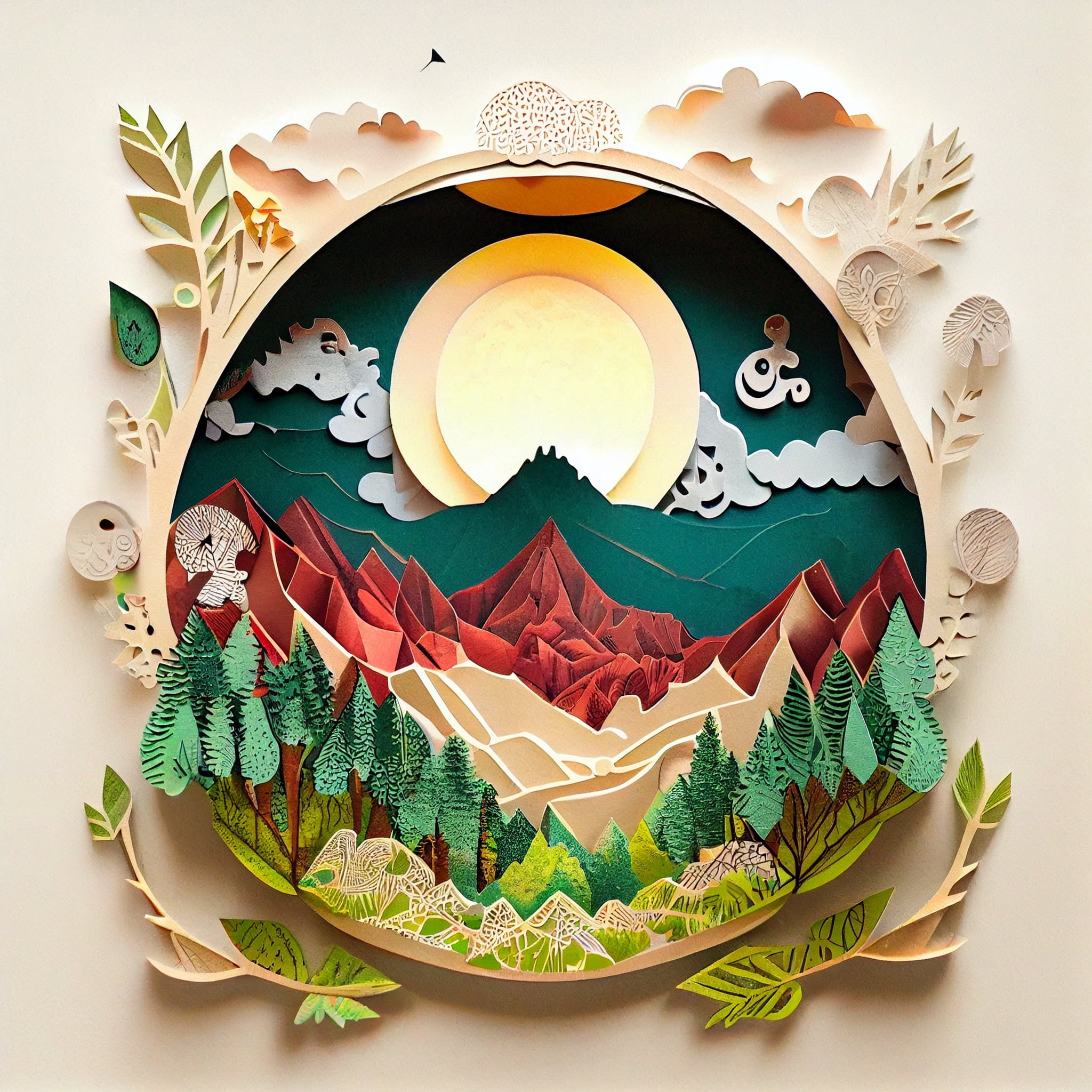 Paper cut of a mountain scene with a full moon.