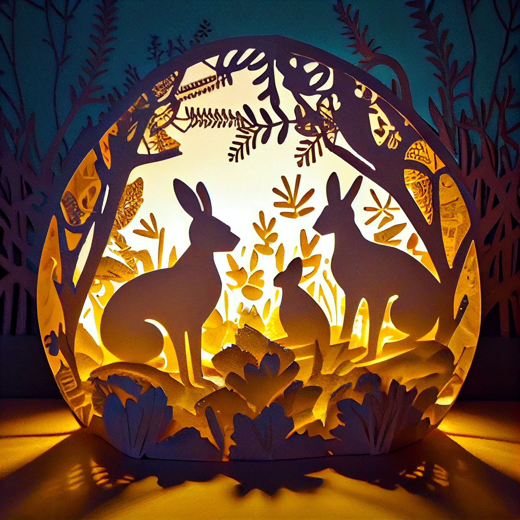 Paper cut of two rabbits in a forest.