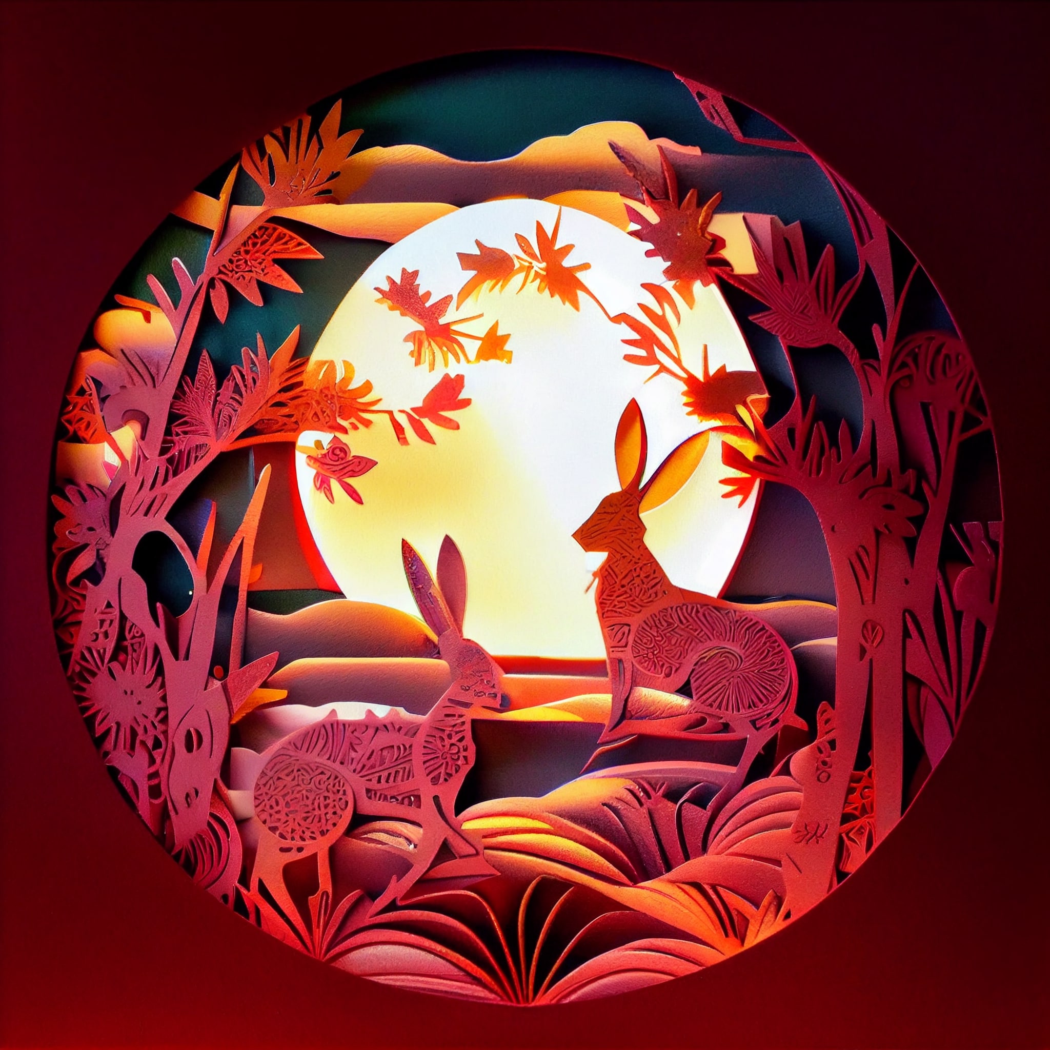 Paper cut picture of two rabbits in a forest.