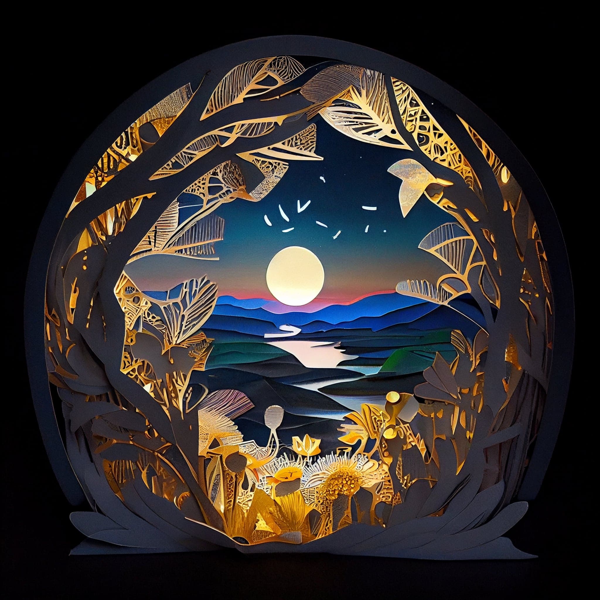Paper cut out of a landscape with a full moon.
