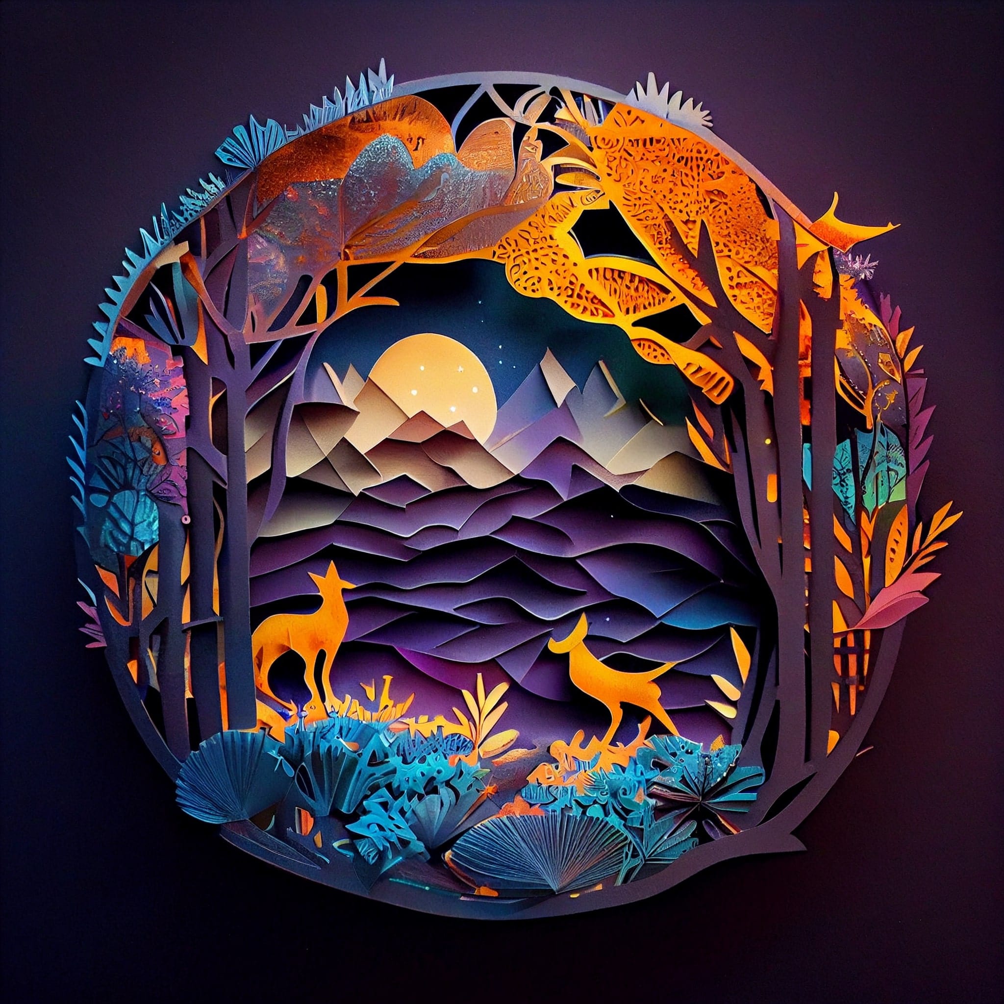 Paper cut artwork of a deer and a fox in a forest.