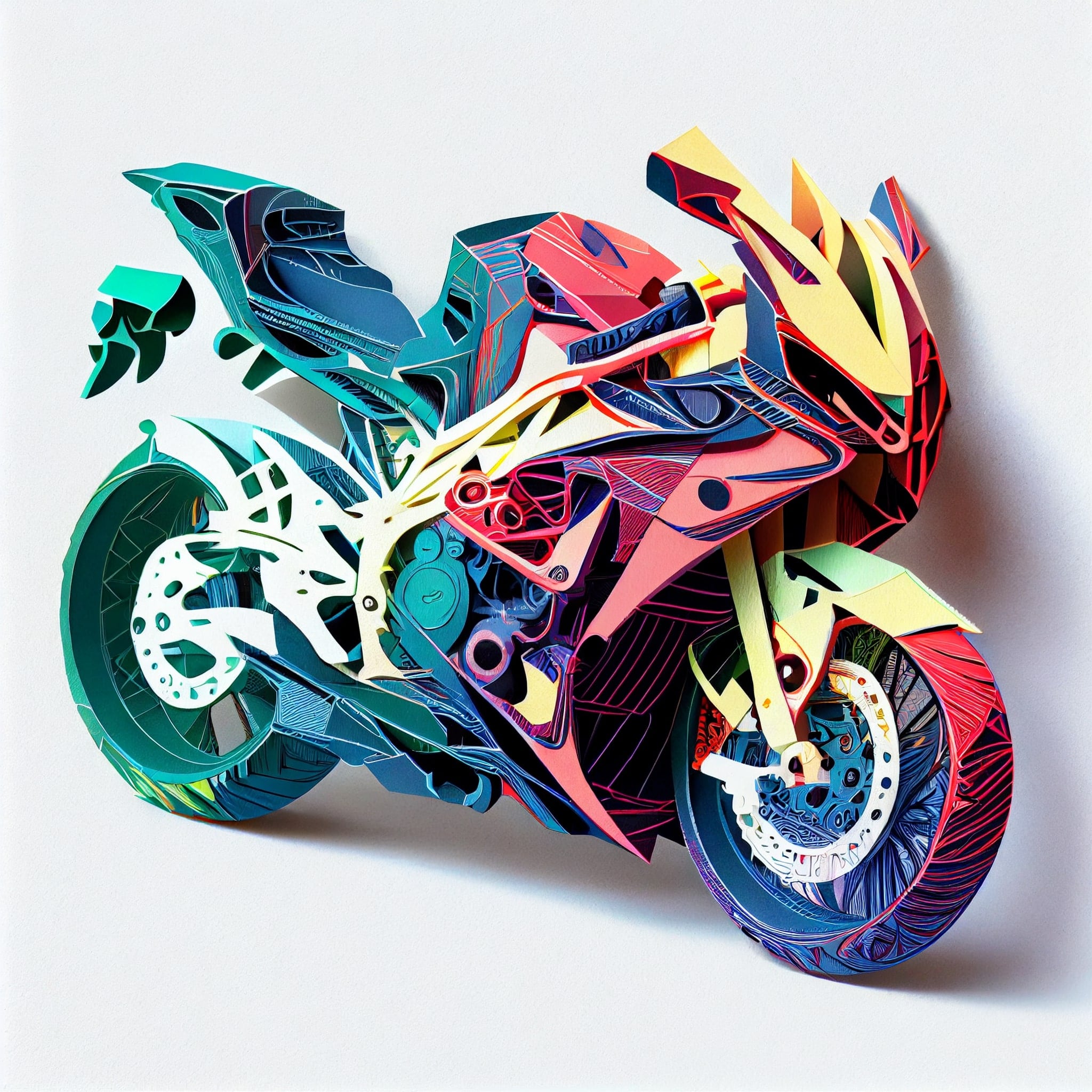 Paper model of a motorcycle on a white background.