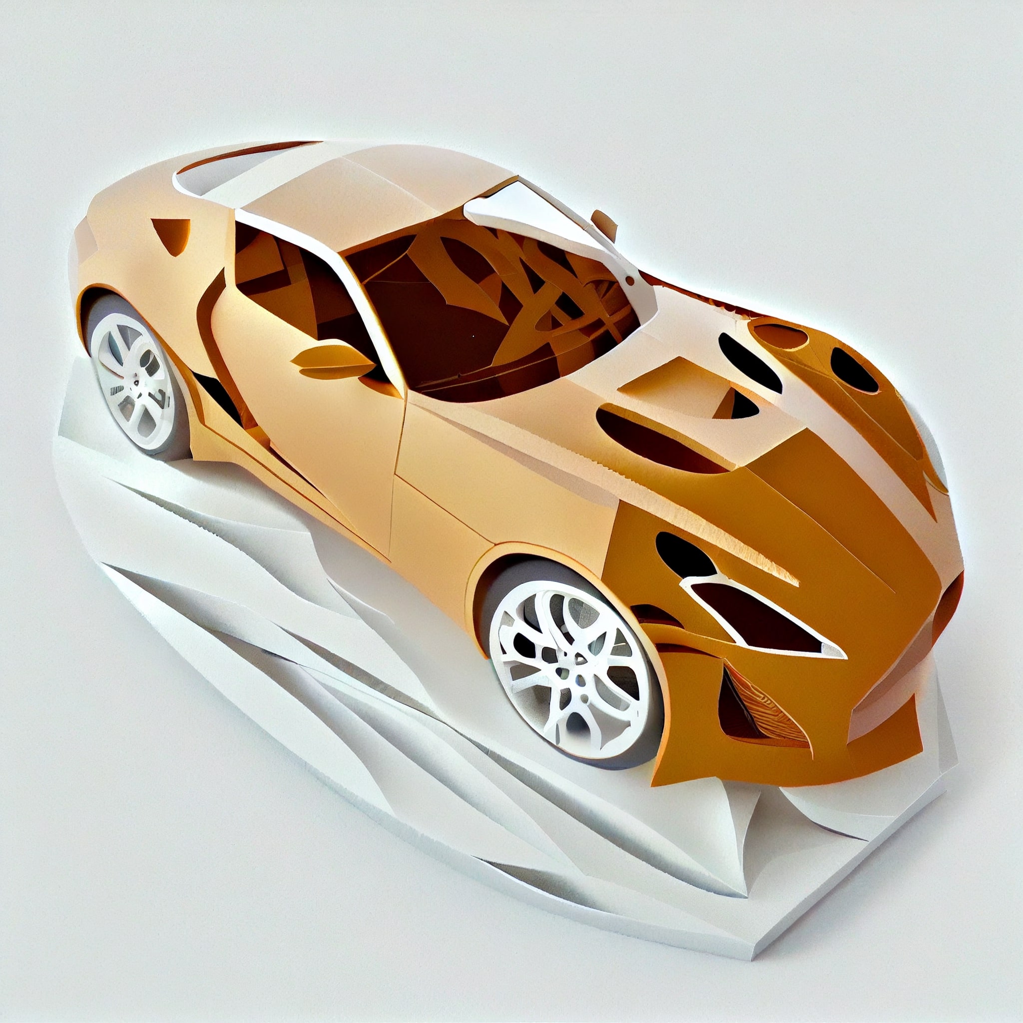 Paper model of a sports car on a white surface.